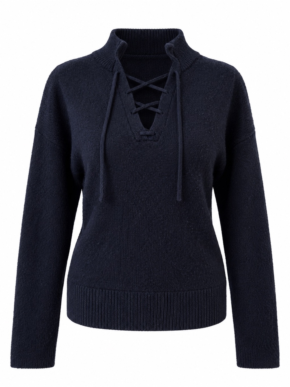 Massimo Dutti Navy Lace-Up V-Neck Sweater
